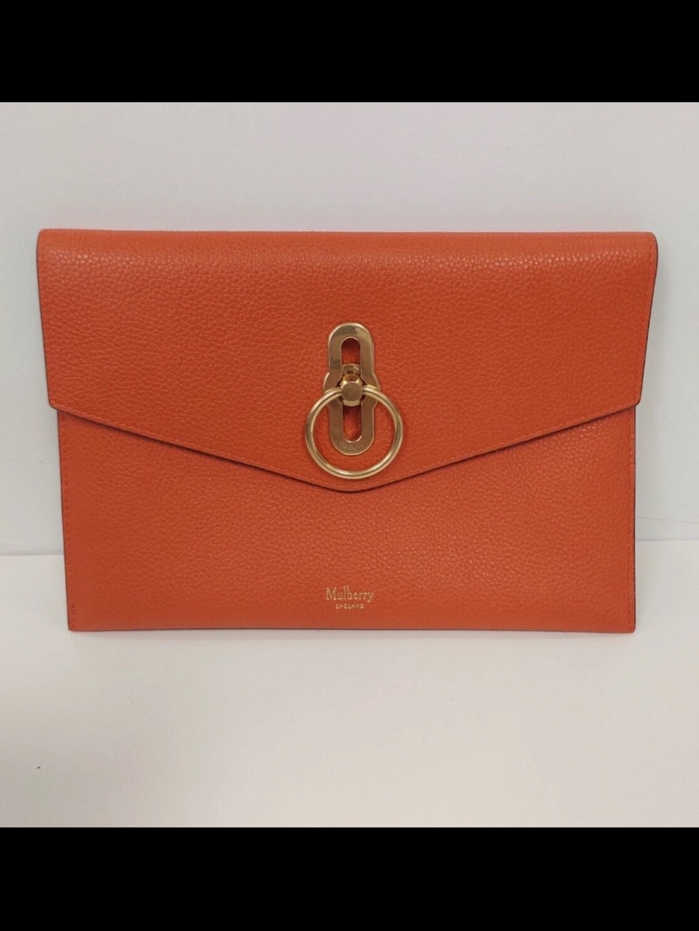 Mulberry Orange Pebbled Leather Envelope Clutch with Gold Ring Lock